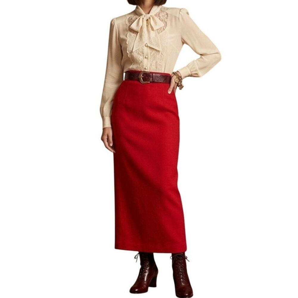 VTG 90s LORD & TAYLOR 100% Wool Back Slit Straight Maxi Skirt Red SZ 6P